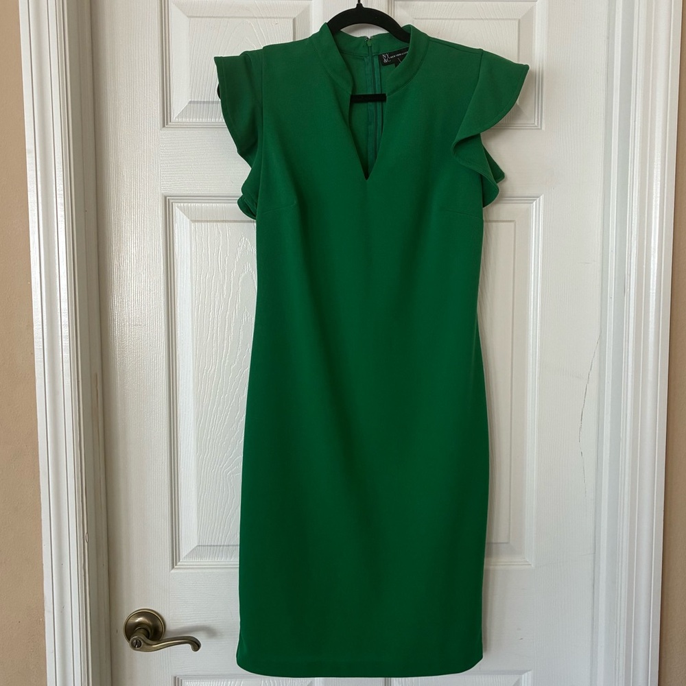 New York & Company Green Sheath Midi Dress with Ruffle Sleeve Medium